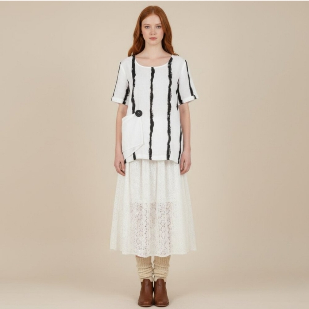 Women’s White Short-Sleeve Linen Top with Black Stripes